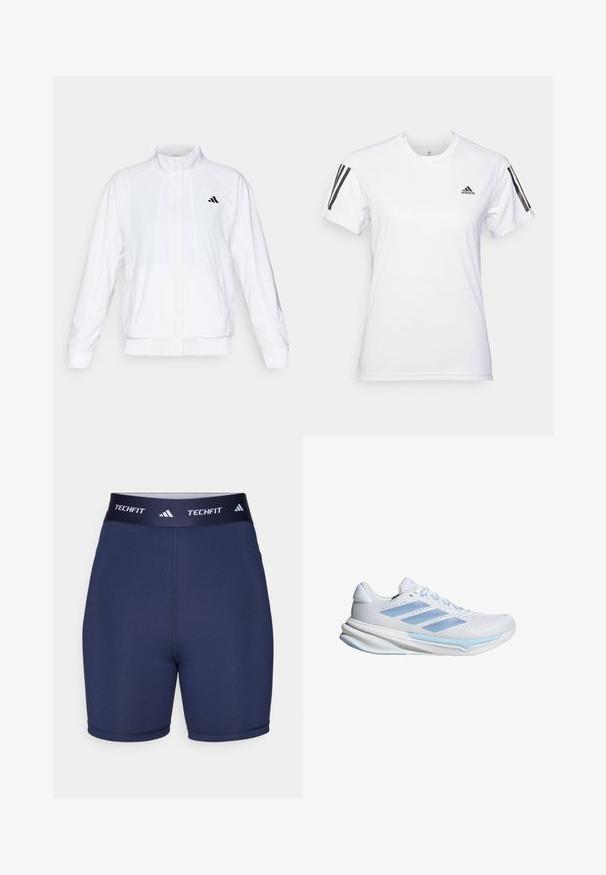 Veste de sport blanche avec un col montant, des manches longues et une fermeture éclair sur le devant. Présente un logo noir sur le côté supérieur gauche. Texture lisse.; T-shirt de sport blanc en tissu lisse et léger. Présente des accents noirs à trois rayures sur les épaules et un petit logo noir sur la poitrine.; Shorts de sport bleu marine avec une texture lisse, ceinture élastique portant le logo "TECHFIT" et trois bandes, design ajusté, coutures minimales.; Baskets de course blanches avec des accents bleu clair, tige en maille respirante, design à trois bandes, semelle rembourrée et semelle extérieure à traction texturée.