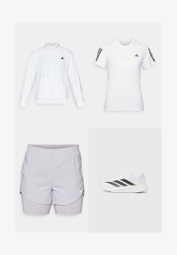 Weiße Sportjacke mit Stehkragen, langen Ärmeln und Reißverschluss vorne. Mit einem schwarzen Logo auf der oberen linken Seite. Glatte Textur.; Weißes Sport-T-Shirt aus glattem, leichtem Stoff. Mit schwarzen Drei-Streifen-Akzenten auf den Schultern und einem kleinen schwarzen Logo auf der Brust.; adidas Performance W MIN 2IN1 SHO - Kurze Sporthose - glory grey; Weißer Sportschuh mit schwarzen diagonalen Streifen, Mesh-Obermaterial, abgerundetem Zehenbereich und strukturiertem Profil. Akzente sind ein silberner Heel und ein minimalistisches Design.