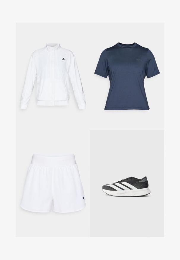 Fehér sportdzseki álló gallérral, hosszú ujjal és cipzáros elülső résszel. A bal felső oldalon fekete logó található. Simább textúrája van.; Sima, könnyű anyagból készült, rövid ujjú, sötétkék sportpóló. Kerek nyakkivágással és finom "BORG" logóval az elején rendelkezik.; Fehér szövet sportnadrág elasztikus derékkal és kis sötétkék logóval. Sima textúra, térd hosszúságú, oldalhasítékokkal a mozgás szabadságáért.; Fekete sportcipő fehér csíkokkal, hálós felsőrésszel, párnázott talppal és karcsú kialakítással. Szürke hangsúlyok a sarokrészen és a nyelvén.