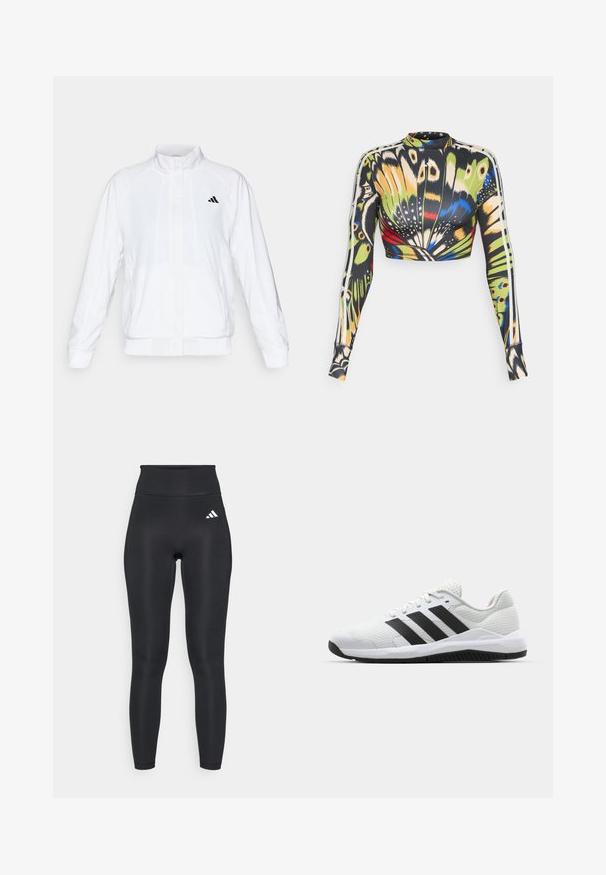 Weiße Sportjacke mit Stehkragen, langen Ärmeln und Reißverschluss vorne. Mit einem schwarzen Logo auf der oberen linken Seite. Glatte Textur.; Langärmliges Crop-Top mit einem mehrfarbigen Schmetterlingsmuster in Schwarz, Grün, Gelb und Blau; besitzt weiße Seitenstreifen und eine schmale Passform.; Schwarze hochtaillierte Sportleggings aus dehnbarem Material, mit einer glatten Textur und einem kleinen weißen Logo in der Nähe des Bundes.; Weiße Sportschuhe aus atmungsaktivem Mesh mit schwarzen drei-Streifen-Akzenten, einer strukturierten Ferse und einer Gummisohle für besseren Halt.