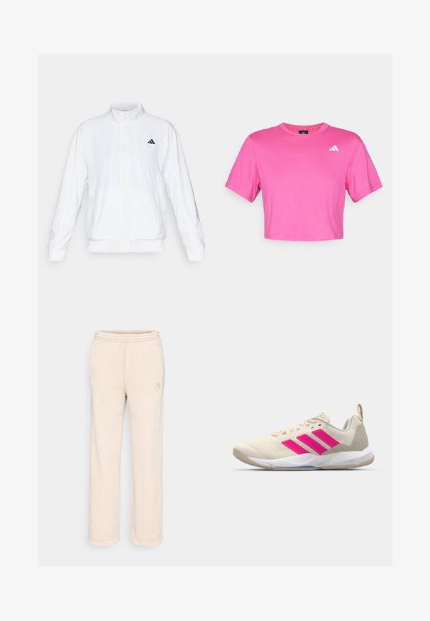 Hvid atletisk jakke med opretstående krave, lange ærmer og lynlås fortil. Har et sort logo på den øverste venstre side. Glat tekstur.; Lyserød cropped t-shirt lavet af blød bomuld. Har korte ærmer og et lille hvidt logo på venstre bryst. Glat tekstur med en klassisk pasform.; Beige sweatpants lavet af blødt stof, med en elastisk talje, to sidelommer og et lille logo på venstre ben.; Beige sportsko med pink tre-stribede logo, tekstureret mesh overdel, polstret krave og hvid gummisål, med "LIGHTSTRIKE" branding.