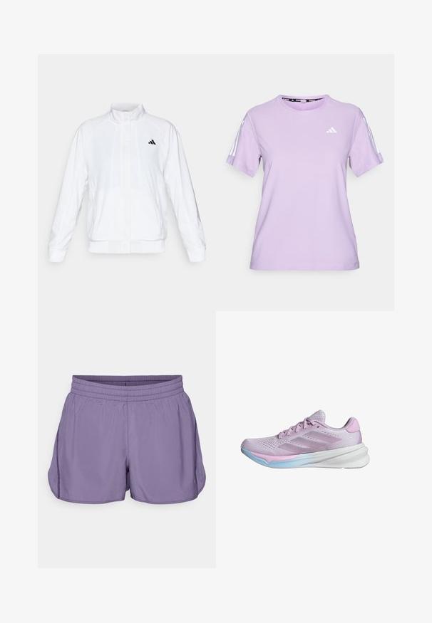 Chaqueta deportiva blanca con cuello alto, mangas largas y cierre de cremallera frontal. Presenta un logo negro en la parte superior izquierda. Textura suave.; Camiseta atlética de manga corta en color lila, hecha de una tela transpirable, con un escote redondo, superficie texturizada y tres franjas blancas en los hombros.; Pantalones cortos deportivos de lavanda con una cinturilla elástica, aberturas laterales y una tela suave y ligera. Diseño sencillo sin acentos adicionales.; Zapatilla de correr de color púrpura claro con una parte superior de malla transpirable, entresuela blanca y suela exterior de color azul claro. Presenta tres líneas en el costado.
