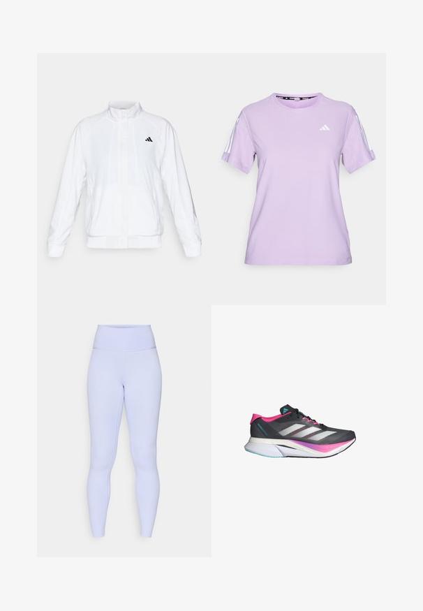 Giacca sportiva bianca con colletto alto, maniche lunghe e zip frontale. Presenta un logo nero nella parte superiore sinistra. Texture liscia.; Maglietta atletica corta lilla realizzata in tessuto traspirante, con scollatura rotonda, superficie testurizzata e tre strisce bianche sulle spalle.; Leggings viola chiaro con vita alta. Realizzati in materiale elasticizzato, presentano una texture liscia e un design aderente.; Scarpa da corsa con una tomaia in mesh grigia, dettagli in rosa e strisce bianche. Presenta una suola ammortizzata e un design slanciato e aerodinamico.