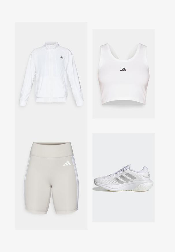 Witte sportieve jack met een opstaande kraag, lange mouwen en een rits aan de voorkant. Heeft een zwart logo op de bovenste linkerzijde. Glad textuur.; Witte crop top van zacht materiaal, met een ronde halslijn en een zwart Adidas-logo op de voorkant. Soepele textuur, mouwloos ontwerp.; Beige sportshorts met een hoge tailleband, een gladde textuur, drie witte strepen aan de zijkanten en een klein wit logo aan de voorkant.; Witte sportieve schoen met een gemêleerd mesh bovenwerk, zilveren drie-strepen ontwerp, gevoerde zool en ronde hak. Beschikt over een vetersluiting en een gevoerde tong.