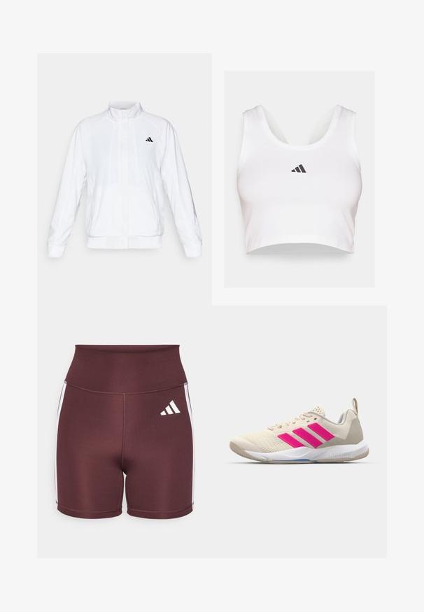 White athletic jacket with a stand-up collar, long sleeves, and a zip front. Features a black logo on the upper left side. Smooth texture.; White crop top made of soft fabric, featuring a round neckline and a black Adidas logo on the front. Smooth texture, sleeveless design.; Maroon high-waisted shorts made of stretchy material, featuring white side stripes and the Adidas logo in white on the front.; Beige athletic shoe with pink three-stripe logo, textured mesh upper, padded collar, and white rubber sole, featuring "LIGHTSTRIKE" branding.