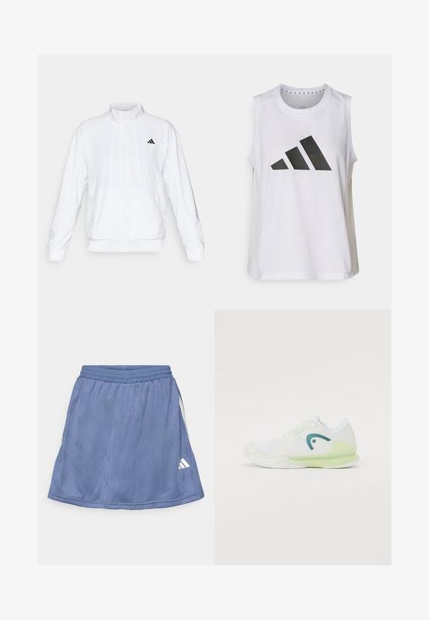 Jachetă sport albă cu guler înalt, mâneci lungi și închidere cu fermoar. Prezintă un logo negru în partea stângă sus. Textură netedă.; Top athletic alb fără mâneci, cu decolteu rotund, având un mare logo Adidas negru, format din trei benzi, pe față.; Fustă sport albastră cu un model texturat, talie elastică și un logo alb Adidas în partea dreaptă jos.; Pantofii sport albi cu partea superioară din plasă și talpă din cauciuc, accentuați de un călcâi verde și detalii de culoare albastru deschis, având un design aerodinamic.