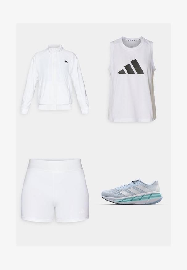 Bílá sportovní bunda se stojáčkem, dlouhými rukávy a zipem vpředu. Obsahuje černé logo na horní levé straně. Hladká textura.; Bílý sportovní top bez rukávů s kulatým výstřihem, na přední straně s velkým černým logem Adidas složeným ze tří pruhů.; Bílé sportovní kraťasy s hladkou texturou, elastickým pasem s embosovaným logem a minimalistickým designem.; Světlomodré sportovní boty s texturovaným pleteným svrškem, bílými akcenty a průhledným zeleným mezipodešví. Oválná špička a polstrovaný límec.