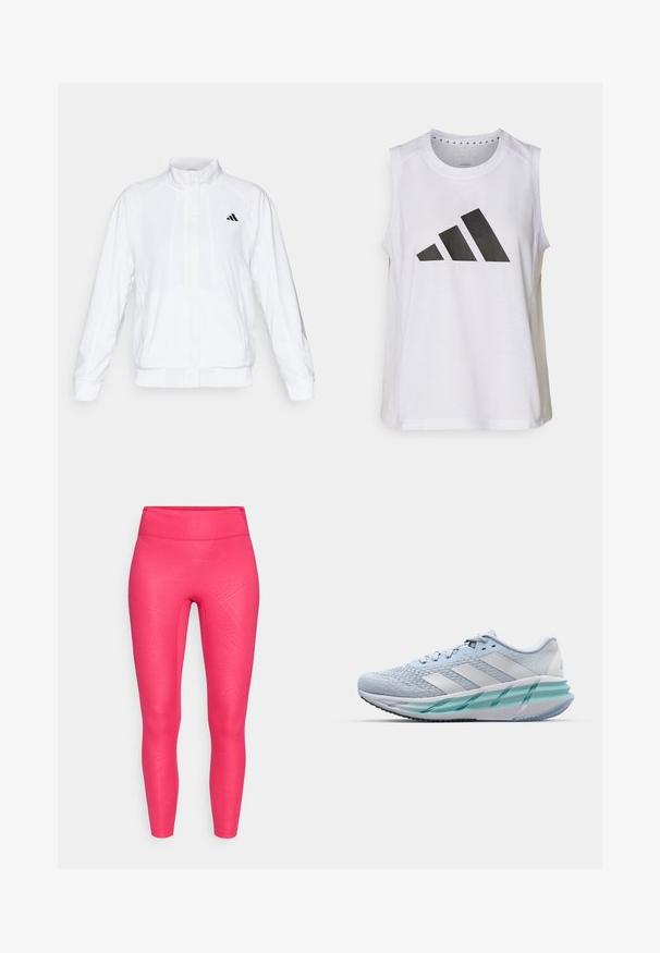 Biała sportowa kurtka z kołnierzem stójkowym, długimi rękawami i zapięciem na zamek. Posiada czarne logo po lewej stronie u góry. Gładka tekstura.; Biała bezrękawnik sportowy z okrągłym dekoltem, z dużym czarnym logo Adidas składającym się z trzech pasów z przodu.; Różowe legginsy z teksturowanym wzorem, wysokim stanem i dopasowanym krojem. Wykonane z elastycznego materiału, który dopasowuje się do ciała.; Jasnoniebieskie buty sportowe z teksturowaną cholewką z dzianiny, białymi akcentami i przezroczystą zieloną podeszwą środkową. Okrągły czubek i wyściełany kołnierz.