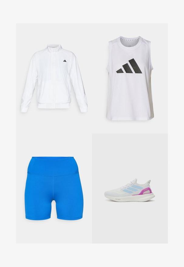 Jachetă sport albă cu guler înalt, mâneci lungi și închidere cu fermoar. Prezintă un logo negru în partea stângă sus. Textură netedă.; Top athletic alb fără mâneci, cu decolteu rotund, având un mare logo Adidas negru, format din trei benzi, pe față.; Pantaloni scurți atletici albaștri, realizați dintr-un material elastic și respirabil. Au o talie înaltă și un design fără cusături, ideale pentru confort și libertate de mișcare.; adidas Performance PUREBOOST 5 - Pantofi de alergare pe asfalt - white/glow blue/purple burst