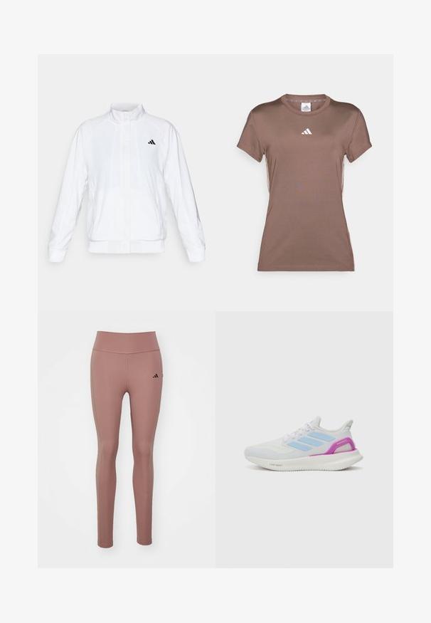 Bílá sportovní bunda se stojáčkem, dlouhými rukávy a zipem vpředu. Obsahuje černé logo na horní levé straně. Hladká textura.; adidas Performance Sportovní tričko - earth strata/white; Růžové sportovní legíny vyrobené z elastického materiálu. Vysoký pas s hladkou texturou a malým černým logem na levém boku.; adidas Performance PUREBOOST 5 - Silniční běžecké boty - white/glow blue/purple burst