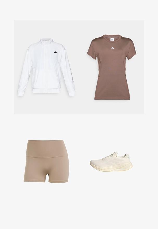 Bílá sportovní bunda se stojáčkem, dlouhými rukávy a zipem vpředu. Obsahuje černé logo na horní levé straně. Hladká textura.; adidas Performance Sportovní tričko - earth strata/white; Kraťasy z elastického materiálu v barvě nahé pleti s vysokým pasem, hladkým povrchem a kontrastním švem. Navrženo pro pohodlí a flexibilitu.; Světlé béžové sportovní boty s mesh svrškem, plochými tkaničkami a polstrovanou podrážkou. Na boční straně obsahují design se třemi pruhy.