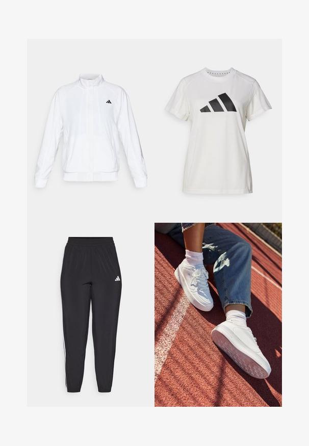 Chaqueta deportiva blanca con cuello alto, mangas largas y cierre de cremallera frontal. Presenta un logo negro en la parte superior izquierda. Textura suave.; Camiseta atlética blanca de tejido suave. Presenta mangas cortas y un gran logotipo negro de Adidas con tres rayas debajo.; Pantalones deportivos negros confeccionados en material ligero, con una cinturilla elástica y rayas laterales blancas con un pequeño logotipo en la parte frontal.; Zapatillas de cuero blancas con puntera perforada, cordones planos y suela de goma. Llevadas con calcetines blancos y vaqueros azul claro, en una pista de atletismo roja.