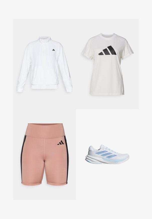 Chaqueta deportiva blanca con cuello alto, mangas largas y cierre de cremallera frontal. Presenta un logo negro en la parte superior izquierda. Textura suave.; Camiseta atlética blanca de tejido suave. Presenta mangas cortas y un gran logotipo negro de Adidas con tres rayas debajo.; Pantalones cortos deportivos rosas con una cintura alta, hechos de material elástico. Presentan franjas laterales negras y el logo de Adidas en el lado izquierdo.; Zapatillas de running blancas con acentos en azul claro, parte superior de malla transpirable, diseño de tres rayas, suela acolchada y suela exterior con tracción texturizada.