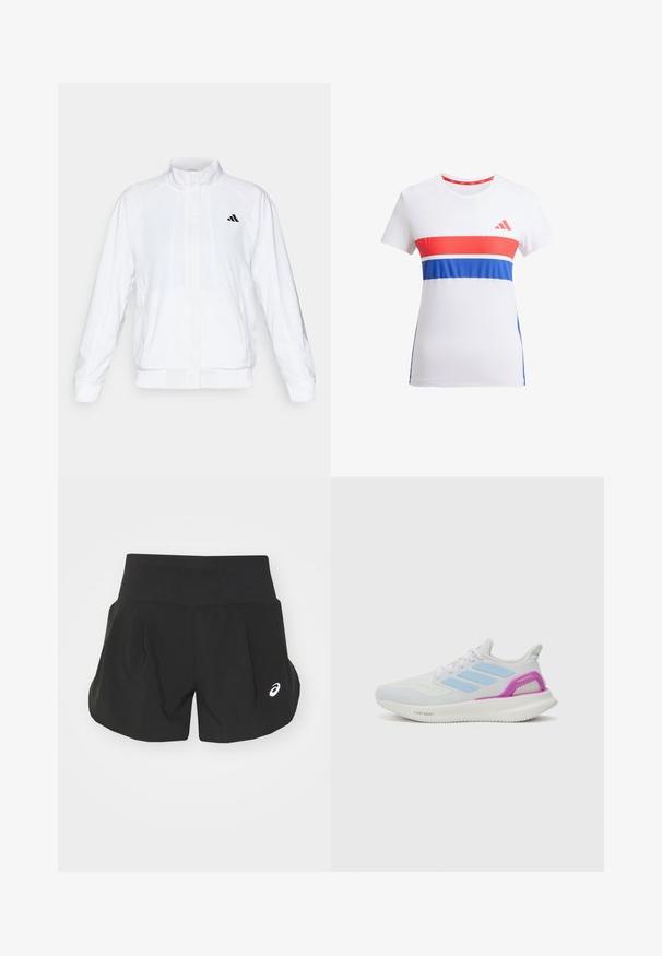 Valkoinen urheilujakku, jossa on pystysuora kaulus, pitkät hihat ja vetoketjukiinnitys. Vasemmassa ylälaidassa on musta logo. Silkkinen pinta.; Valkoinen urheilupaita, jossa on punaiset ja siniset vaakasuorat raidat, pyöreä kaula-aukko, lyhyet hihat ja logo rinnassa.; Mustat urheilushortsit, joissa on leveä vyötärönauha, laskostettu muotoilu ja pieni valkoinen logo vasemmalla alakulmassa. Pehmeä, kevyt materiaali.; adidas Performance PUREBOOST 5 - Katujuoksukengät - white/glow blue/purple burst