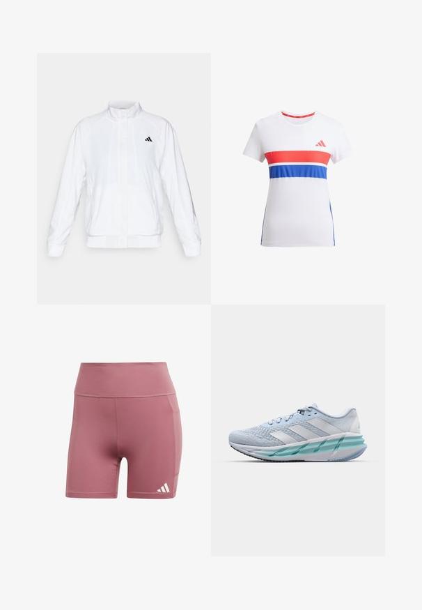 Witte sportieve jack met een opstaande kraag, lange mouwen en een rits aan de voorkant. Heeft een zwart logo op de bovenste linkerzijde. Glad textuur.; Witte sport t-shirt met rode en blauwe horizontale strepen, ronde halslijn, korte mouwen en een logo op de borst.; Roze sportshorts van glad materiaal, met een hoge tailleband, zijzak en een wit drie-strepenlogo aan de onderrand.; Lichtblauwe sportschoenen met een gestructureerde breitbovenkant, witte accenten en een doorzichtige groene tussenzool. Ronde neus en gevoerde kraag.