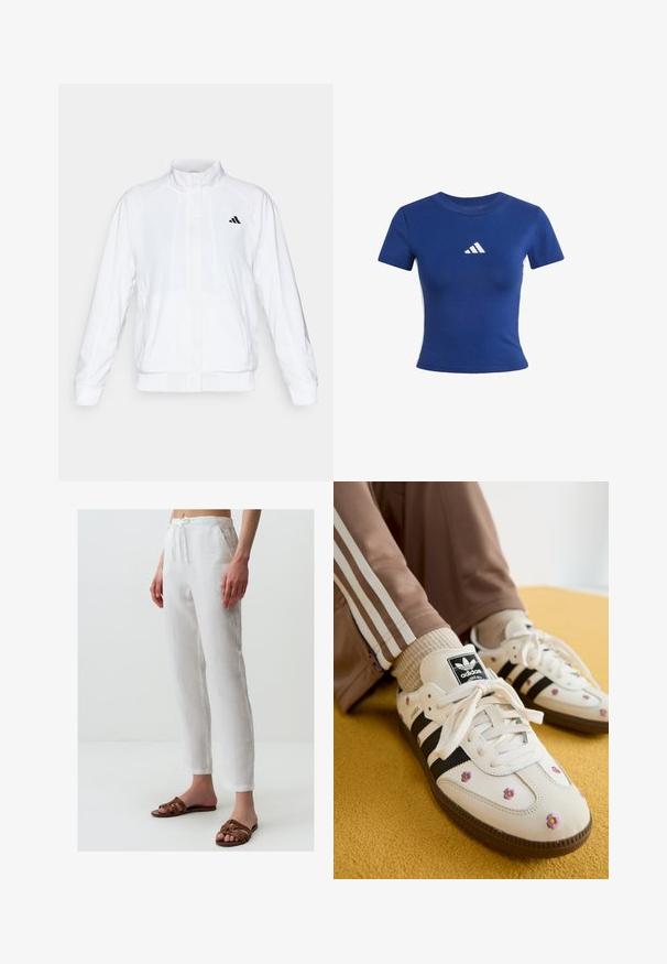White athletic jacket with a stand-up collar, long sleeves, and a zip front. Features a black logo on the upper left side. Smooth texture.; Blue cotton t-shirt with short sleeves, featuring a white Adidas logo on the chest and contrasting white side panels.; White linen pants with a drawstring waist, featuring pockets and a relaxed fit. Paired with brown strappy sandals. Smooth texture.; White leather sneakers with three black stripes and floral embroidery in purple and yellow. Brown rubber sole. Paired with beige ribbed socks.