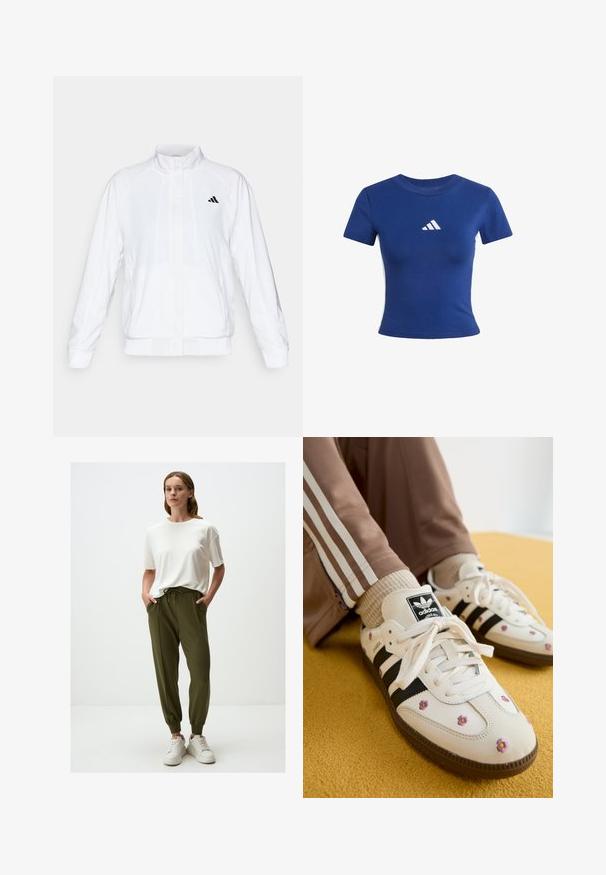 White athletic jacket with a stand-up collar, long sleeves, and a zip front. Features a black logo on the upper left side. Smooth texture.; Blue cotton t-shirt with short sleeves, featuring a white Adidas logo on the chest and contrasting white side panels.; White short-sleeve t-shirt paired with olive green jogger pants featuring a drawstring waist and elastic cuffs. Worn with white sneakers.; White leather sneakers with three black stripes and floral embroidery in purple and yellow. Brown rubber sole. Paired with beige ribbed socks.