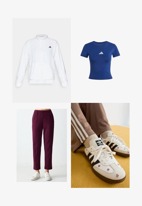 White athletic jacket with a stand-up collar, long sleeves, and a zip front. Features a black logo on the upper left side. Smooth texture.; Blue cotton t-shirt with short sleeves, featuring a white Adidas logo on the chest and contrasting white side panels.; Maroon pull-on trousers with a straight leg cut, featuring a smooth texture and contrast stitching. Paired with white sneakers.; White leather sneakers with three black stripes and floral embroidery in purple and yellow. Brown rubber sole. Paired with beige ribbed socks.