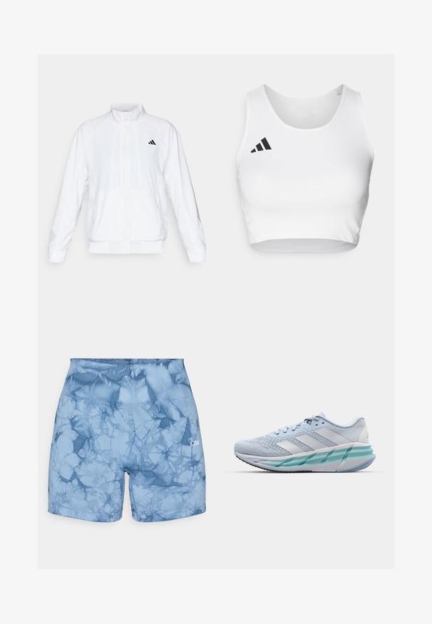 Giacca sportiva bianca con colletto alto, maniche lunghe e zip frontale. Presenta un logo nero nella parte superiore sinistra. Texture liscia.; Crop top sportivo bianco realizzato in tessuto morbido, con scollatura rotonda e un logo nero accentato sul lato sinistro.; Pantaloni corti sportivi blu con un motivo tie-dye, caratterizzati da una vita a coste e un logo in evidenza sul lato. Realizzati in materiale elasticizzato.; Scarpe da ginnastica azzurro chiaro con tomaia in maglia testurizzata, accenti bianchi e suola intermedia verde trasparente. Punta rotonda e colletto imbottito.