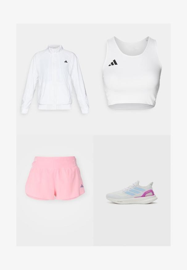 Chaqueta deportiva blanca con cuello alto, mangas largas y cierre de cremallera frontal. Presenta un logo negro en la parte superior izquierda. Textura suave.; Top corto deportivo blanco hecho de tela suave, con un escote redondo y un detalle del logo negro en el lado izquierdo.; adidas Performance ADIZERO GEL - Pantalón corto de deporte - semi pink spark; adidas Performance PUREBOOST 5 - Zapatillas running asfalto - white/glow blue/purple burst