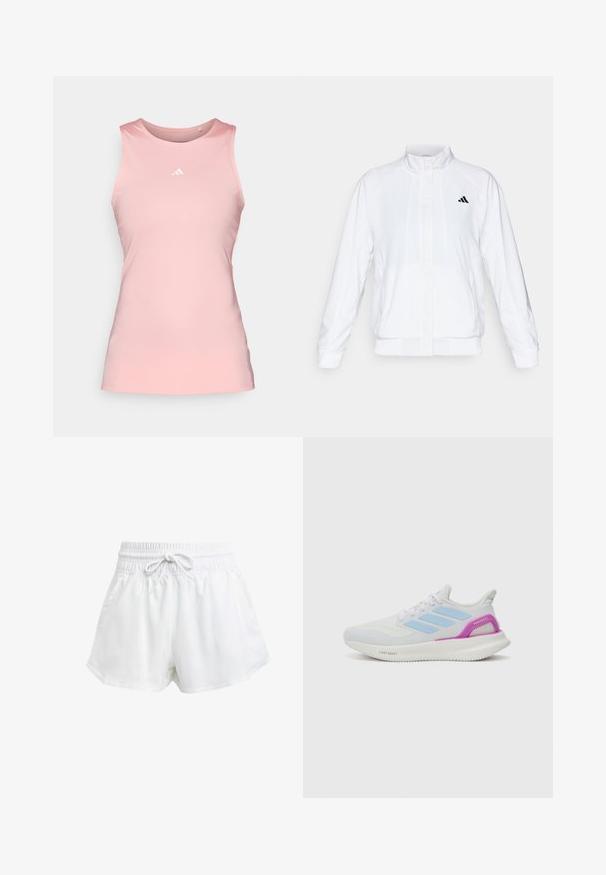 Giacca sportiva bianca con colletto alto, maniche lunghe e zip frontale. Presenta un logo nero nella parte superiore sinistra. Texture liscia.; adidas Performance RACERBACK - Top - semi pink spark; Pantaloni sportivi bianchi con cintura elastica e cordino regolabile. Realizzati in materiale leggero, presentano tasche laterali e una vestibilità ampia.; adidas Performance PUREBOOST 5 - Scarpe da corsa su strada - white/glow blue/purple burst