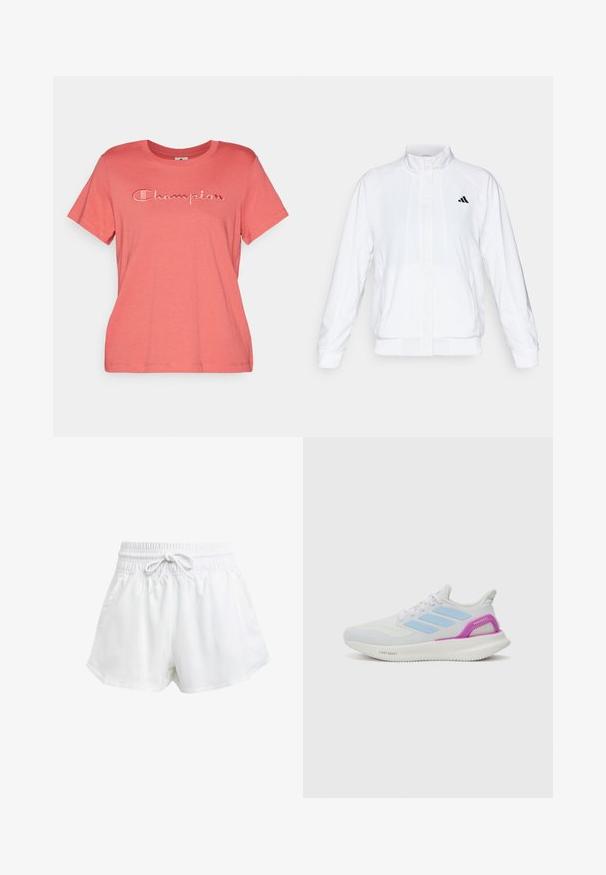 Bílá sportovní bunda se stojáčkem, dlouhými rukávy a zipem vpředu. Obsahuje černé logo na horní levé straně. Hladká textura.; Champion ICONS CREWNECK WITH LARGE TONAL LOGO - Jednoduché tričko - dark red; Bílé sportovní kraťasy s elastickým pasem a nastavitelnou šňůrkou. Vyrobené z lehkého materiálu, s bočními kapsami a volným střihem.; adidas Performance PUREBOOST 5 - Silniční běžecké boty - white/glow blue/purple burst