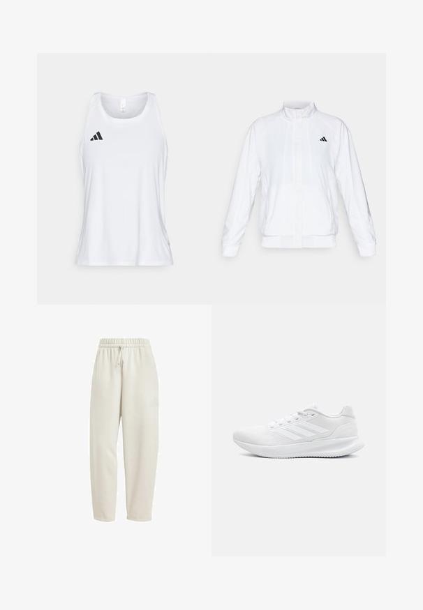 Bijela atletska jakna s uzdignutim ovratnikom, dugim rukavima i patentnim zatvaračem sprijeda. Ima crni logo na gornjem lijevom dijelu. Glatka tekstura.; Bijela atletska majica bez rukava s zaobljenim izrezom i širokim naramenicama. Sadrži crni logo s tri pruge na lijevoj strani prsnog koša.; Svijetlosmeđi trenirke od mekog materijala, s elastičnim pojasom i vezicom, te diskretnim logom sa strane.; Bijele sportske cipele od mrežastog materijala, s modernim dizajnom, okruglim nožnim prstom, čvrstim petama i tri pruge na vanjskoj strani.