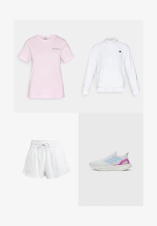 Hvid atletisk jakke med opretstående krave, lange ærmer og lynlås fortil. Har et sort logo på den øverste venstre side. Glat tekstur.; Lyserød bomulds T-shirt med korte ærmer, der har et diskret blåt "Champion" logo på venstre bryst og en rund halsudskæring.; Hvide atletiske shorts med elastisk talje og justerbar snor. Fremstillet af letvægtsmateriale, med sidelommer og en løs pasform.; adidas Performance PUREBOOST 5 - Løbesko til landevejen - white/glow blue/purple burst