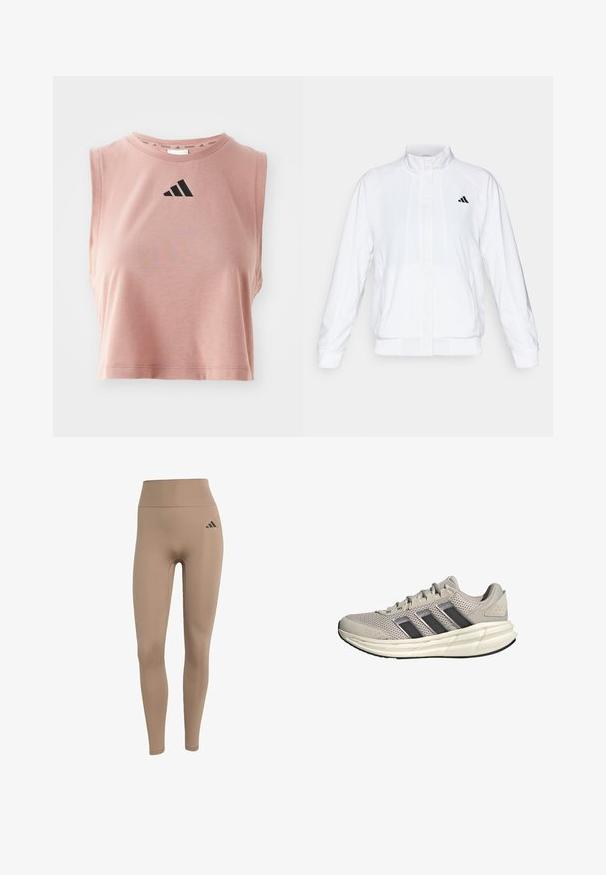 Weiße Sportjacke mit Stehkragen, langen Ärmeln und Reißverschluss vorne. Mit einem schwarzen Logo auf der oberen linken Seite. Glatte Textur.; Rosa bauchfreies Tanktop aus weichem Stoff, mit rundem Halsausschnitt und schwarzem Adidas-Logo auf der Vorderseite. Ärmelloses Design.; Beige Leggings mit hoher Taille aus dehnbarem Stoff, die eine taillierte Silhouette aufweisen und ein schwarzes Logo-Akzent auf der linken Hüfte haben.; Hellgraue Sportschuhe mit Mesh-Obermaterial, dunkelgrauen Akzenten und Cloudfoam-Sohlen zur Dämpfung. Mit drei schwarzen seitlichen Streifen.