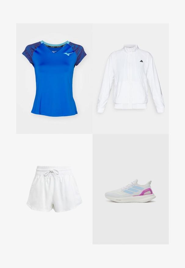 Bijela atletska jakna s uzdignutim ovratnikom, dugim rukavima i patentnim zatvaračem sprijeda. Ima crni logo na gornjem lijevom dijelu. Glatka tekstura.; Mizuno MUGEN TEE - Sportska majica - mugen blue; Bijele atletske šorceve s elastičnom strukom i podešavanjem pomoću vezice. Napravljeni su od laganog materijala, imaju bočne džepove i širok kroj.; adidas Performance PUREBOOST 5 - Tenisice za cestovno trčanje - white/glow blue/purple burst