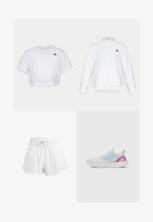Valge spordijakk, millel on püsti krae, pikad varrukad ja lukuga eesmine osa. Ülemisel vasakul küljel on must logo. Sile tekstuur.; Valge lühikeste varrukatega krobitud t-särk, mis on valmistatud pehmest kangast ja millel on ümmargune kaelus. Vasakul rinnal must logo.; Valged spordilühikesed püksid elastse vöökoha ja reguleeritava paelaga. Valmistatud kergest materjalist, küljetaskudega ja lõdva istuvusega.; adidas Performance PUREBOOST 5 - Maanteejooksu jalatsid - white/glow blue/purple burst