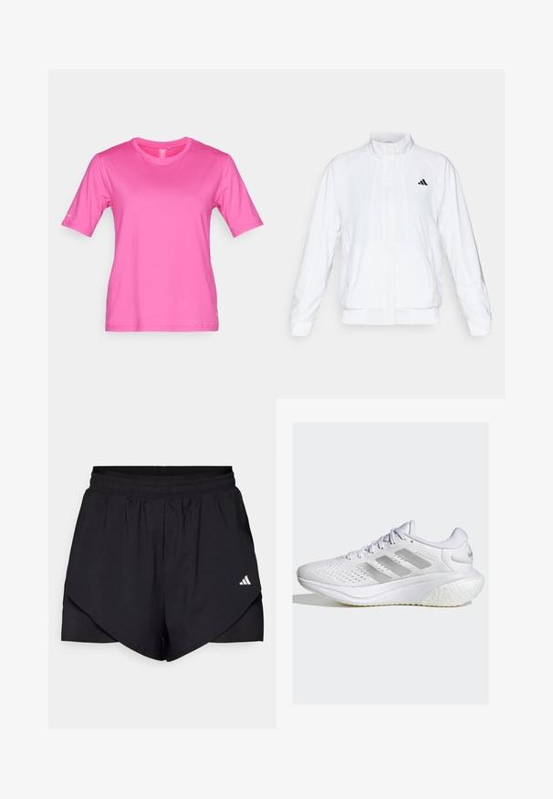 Veste de sport blanche avec un col montant, des manches longues et une fermeture éclair sur le devant. Présente un logo noir sur le côté supérieur gauche. Texture lisse.; T-shirt fuchsia à manches courtes avec un col rond, fabriqué en tissu lisse. Présente un logo sur la manche gauche.; Shorts de sport noirs avec un design superposé, fabriqués en tissu léger. Possèdent une taille élastique et un petit logo blanc sur le côté.; Chaussure de sport blanche avec un dessus en mesh texturé, design à trois bandes argentées, semelle rembourrée et talon arrondi. Dispose d'un système de laçage et d'une languette rembourrée.