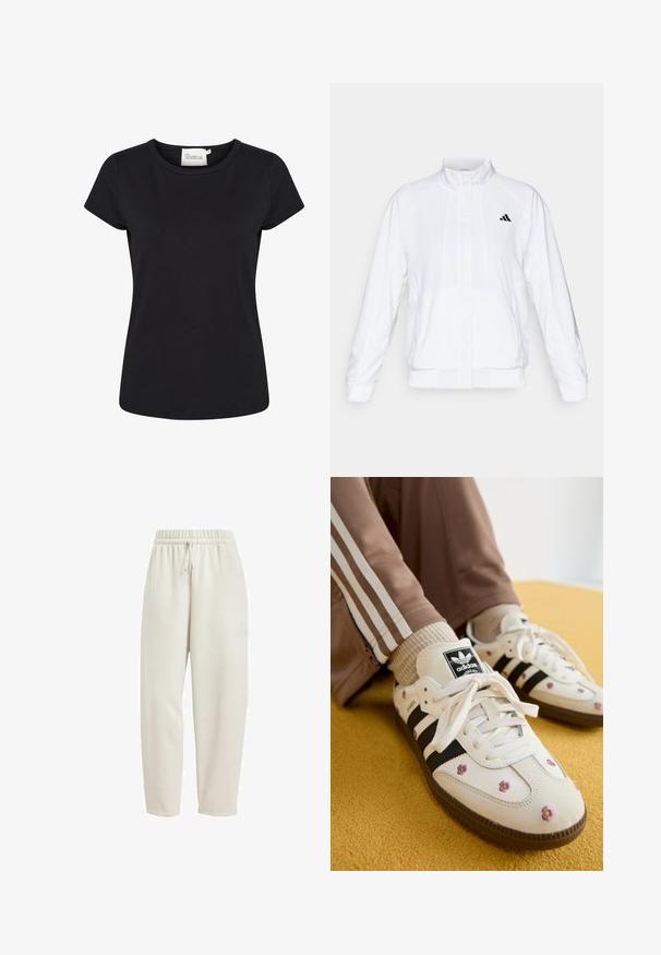 White athletic jacket with a stand-up collar, long sleeves, and a zip front. Features a black logo on the upper left side. Smooth texture.; Black short-sleeve t-shirt made from smooth cotton fabric. Features a crew neckline and a fitted cut. No patterns or additional details.; Light beige sweatpants made from soft fabric, featuring an elastic waistband with a drawstring and a subtle logo accent on the side.; White leather sneakers with three black stripes and floral embroidery in purple and yellow. Brown rubber sole. Paired with beige ribbed socks.