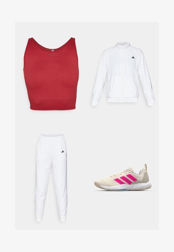 Vit idrottsjacka med ståkrage, långa ärmar och dragkedja fram. Innehåller en svart logotyp på övre vänstra sidan. Slät textur.; ONLY Play ONPJAIA LIFE SEAM SHORT - Linne - sun-dried tomato; Vitaid träningsbyxor med elastisk midja och muddar. Har sidofickor och en liten svart logotyp på vänster lår. Slät tygfinish.; Beige idrottssko med rosa tre-stripes logotyp, texturerad meshöverdel, vadderad krage och vit gummisula, med "LIGHTSTRIKE"-branding.