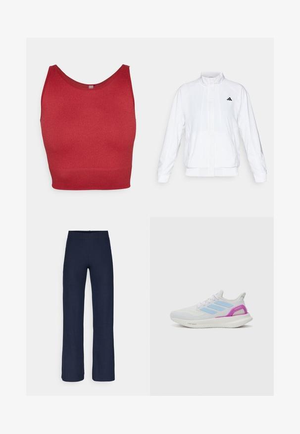 Chaqueta deportiva blanca con cuello alto, mangas largas y cierre de cremallera frontal. Presenta un logo negro en la parte superior izquierda. Textura suave.; ONLY Play ONPJAIA LIFE SEAM SHORT - Top - sun-dried tomato; Pantalones de pierna ancha de canalé en color marino con cintura elástica. Textura suave, diseño de longitud hasta el suelo y sutil detalle de patrón vertical.; adidas Performance PUREBOOST 5 - Zapatillas running asfalto - white/glow blue/purple burst
