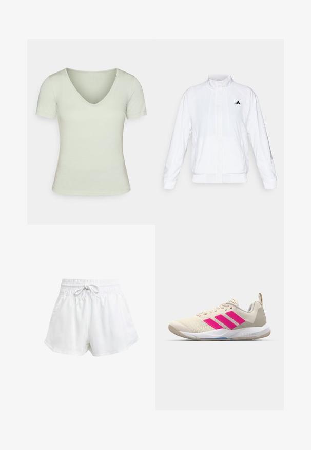 Hvid atletisk jakke med opretstående krave, lange ærmer og lynlås fortil. Har et sort logo på den øverste venstre side. Glat tekstur.; Lys grøn V-hals t-shirt med korte ærmer, tætsiddende design, glat tekstur og minimale syninger. Blød, afslappet stil.; Hvide atletiske shorts med elastisk talje og justerbar snor. Fremstillet af letvægtsmateriale, med sidelommer og en løs pasform.; Beige sportsko med pink tre-stribede logo, tekstureret mesh overdel, polstret krave og hvid gummisål, med "LIGHTSTRIKE" branding.