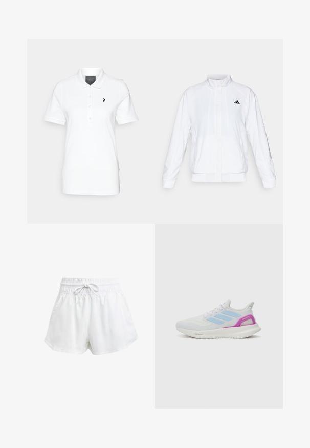 Hvid atletisk jakke med opretstående krave, lange ærmer og lynlås fortil. Har et sort logo på den øverste venstre side. Glat tekstur.; Hvid polo t-shirt lavet af glat stof, med klassisk krave og korte ærmer. Sort logo på venstre bryst. Knapper ned foran.; Hvide atletiske shorts med elastisk talje og justerbar snor. Fremstillet af letvægtsmateriale, med sidelommer og en løs pasform.; adidas Performance PUREBOOST 5 - Løbesko til landevejen - white/glow blue/purple burst