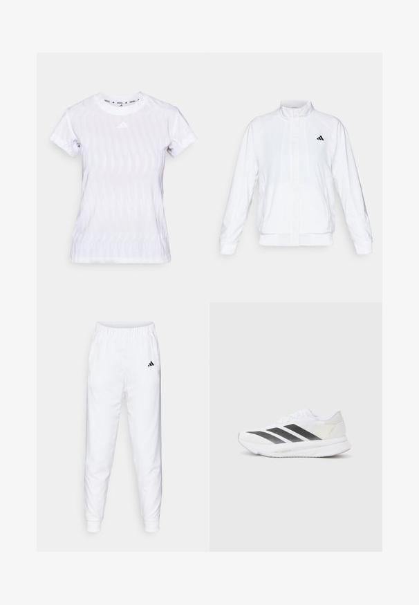 Valge spordijakk, millel on püsti krae, pikad varrukad ja lukuga eesmine osa. Ülemisel vasakul küljel on must logo. Sile tekstuur.; Valge lühikeste varrukatega spordit-särk, millel on tekstuuriga disain, võrgusilmast materjal ja väike logo rinna keskel.; Valged spordipüksid elastse vöökoht ja pükste alumine serv. Omavad küljetaskuid ja väikest musta logo vasakul reitel. Sile kangast viimistlus.; Valged sportlikud jalanõud mustade diagonaalsete triipudega, võrkkattega, ümarate varvastega ja tekstuurse tallaga. Aktsentideks on hõbedane kand ja minimalistlik disain.