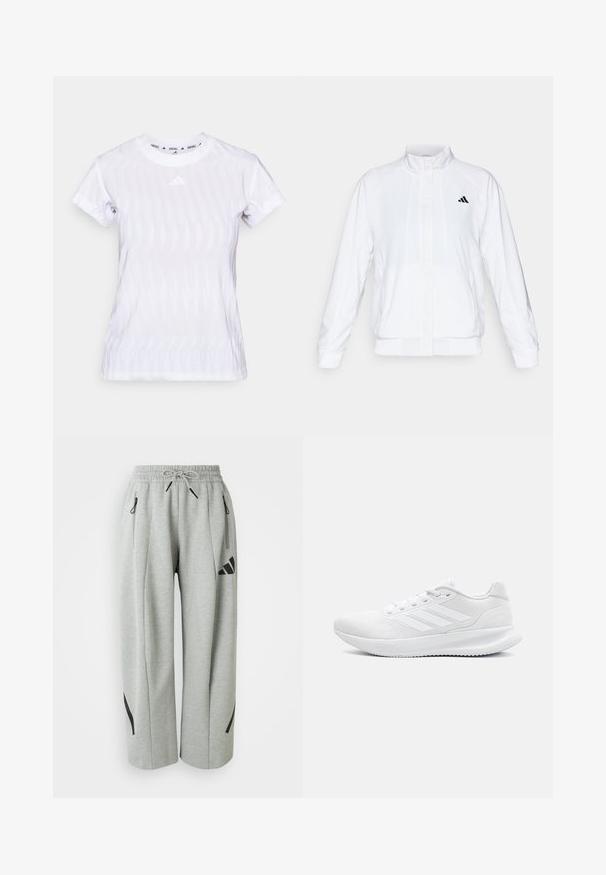 Witte sportieve jack met een opstaande kraag, lange mouwen en een rits aan de voorkant. Heeft een zwart logo op de bovenste linkerzijde. Glad textuur.; Witte sport t-shirt met korte mouwen, voorzien van een gestructureerd ontwerp, mesh stof en een klein logo op het midden van de borst.; Lichtgrijze sweatpants van zacht materiaal met een elastische tailleband, trekkoord en zwarte accenten op de zakken en zijkanten.; Witte sportschoenen van meshmateriaal, met een gestroomlijnd ontwerp, ronde neus, gestructureerde hiel en drie strepen aan de buitenkant.