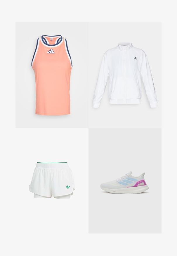 Giacca sportiva bianca con colletto alto, maniche lunghe e zip frontale. Presenta un logo nero nella parte superiore sinistra. Texture liscia.; adidas Performance CLUBHOUSE - Top - clay; Pantaloni corti sportivi bianchi con un design a strati, vita elastica, dettagli verdi e un piccolo logo verde sul lato sinistro in basso.; adidas Performance PUREBOOST 5 - Scarpe da corsa su strada - white/glow blue/purple burst