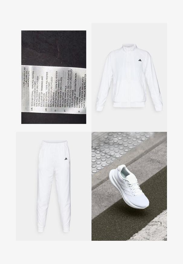 Witte sportieve jack met een opstaande kraag, lange mouwen en een rits aan de voorkant. Heeft een zwart logo op de bovenste linkerzijde. Glad textuur.; Witte stoffen label met zwarte tekst die de materialen beschrijft: 100% gerecycled polyester, 82% polyester, 18% spandex; bevat meerdere talen.; Witte sportbroeken met elastische tailleband en boorden. Voorzien van zijzakken en een klein zwart logo op de linkerdij. Gladde stofafwerking.; Witte sportschoen met een bovenwerk van mesh, vetersluiting en een textuurrijke zool. Subtiele branding en naadloze constructiedetails zichtbaar.