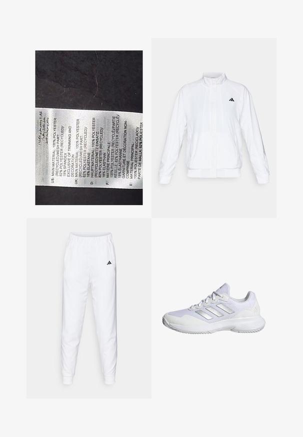 Veste de sport blanche avec un col montant, des manches longues et une fermeture éclair sur le devant. Présente un logo noir sur le côté supérieur gauche. Texture lisse.; Étiquette en tissu blanc avec texte noir détaillant les matériaux : 100 % polyester recyclé, 82 % polyester, 18 % élasthanne ; comprend plusieurs langues.; Pantalons de sport blancs avec taille élastique et poignets. Comprend des poches latérales et un petit logo noir sur la cuisse gauche. Finition en tissu lisse.; Baskets blanches avec une tige en mesh, des panneaux texturés et des accents argentés. Comprend une semelle rembourrée et un design à bout rond.
