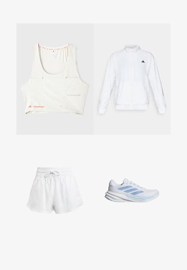 Bijela atletska jakna s uzdignutim ovratnikom, dugim rukavima i patentnim zatvaračem sprijeda. Ima crni logo na gornjem lijevom dijelu. Glatka tekstura.; Bijeli atletski top s okruglim izrezom, narančastim brendiranim detaljima i metalik natpisom "trči s umom." Ima minimalističke dizajnerske elemente.; Bijele atletske šorceve s elastičnom strukom i podešavanjem pomoću vezice. Napravljeni su od laganog materijala, imaju bočne džepove i širok kroj.; Bijele trkačke tenisice s laganim plavim akcentima, prozračna mrežasta gornja strana, dizajn s tri pruge, podstava za ublažavanje i teksturirana podloga za prianjanje.