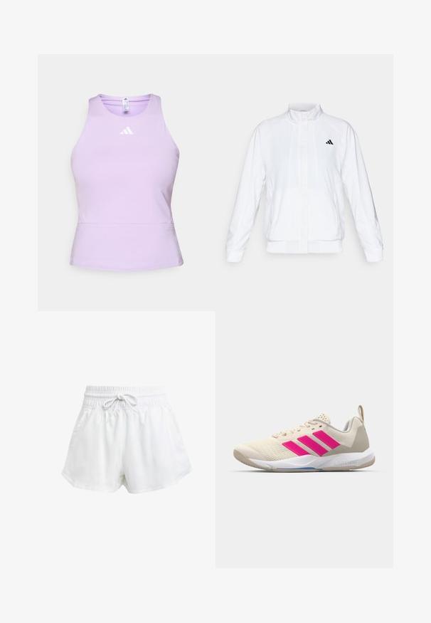 Veste de sport blanche avec un col montant, des manches longues et une fermeture éclair sur le devant. Présente un logo noir sur le côté supérieur gauche. Texture lisse.; Débardeur de sport lilas en tissu lisse, avec une coupe ajustée, doté d'un col rond et d'un logo Adidas blanc sur la poitrine.; Shorts de sport blancs avec une taille élastique et un cordon de serrage réglable. Fabriqués en matériau léger, ils sont dotés de poches latérales et d'une coupe ample.; Baskets de sport beiges avec un logo à trois bandes roses, tige en maille texturée, col rembourré et semelle en caoutchouc blanc, arborant le marquage "LIGHTSTRIKE".