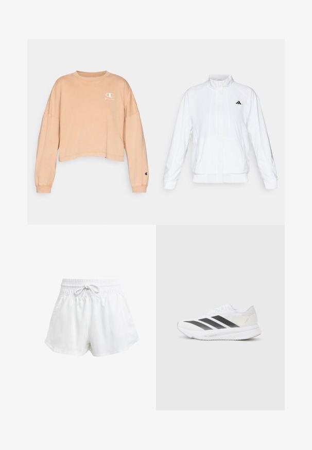 Fehér sportdzseki álló gallérral, hosszú ujjal és cipzáros elülső résszel. A bal felső oldalon fekete logó található. Simább textúrája van.; Rövidített, hosszú ujjú pulóver világos barack színű szövetből. Kicsi fehér logóval rendelkezik a mellkasán és egy logós folttal az ujján.; Fehér sportcipőnadrág rugalmas derékrésszel és állítható húzózsinórral. Könnyű anyagból készült, oldalzsebekkel rendelkezik és laza szabású.; Fehér sportcipő fekete átlós csíkokkal, hálós felsőrésszel, lekerekített orral és texturált talppal. A kiegészítők között szerepel egy ezüst sarok és minimalista dizájn.