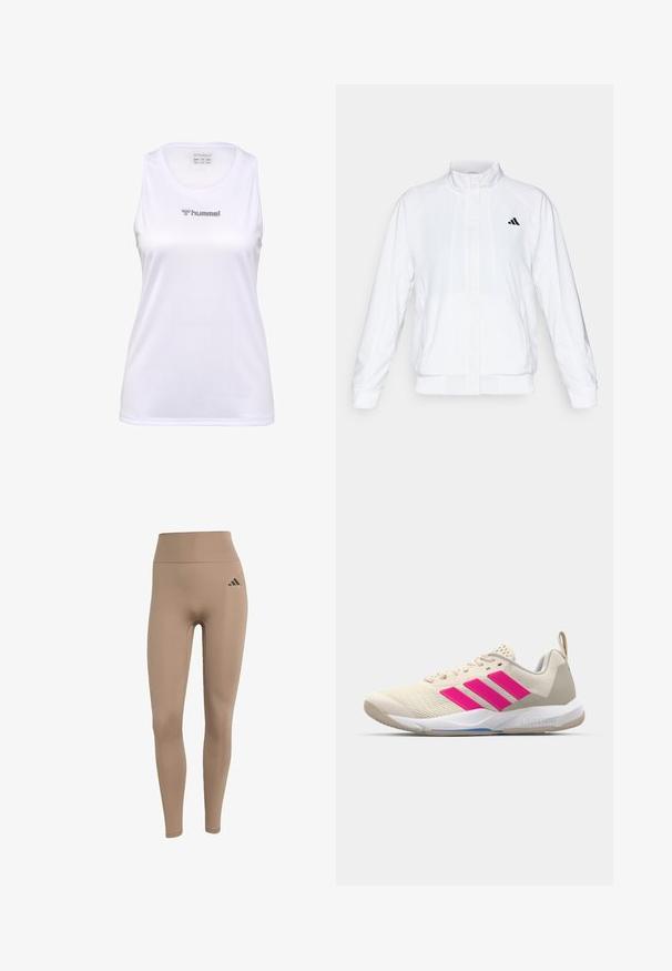 Witte sportieve jack met een opstaande kraag, lange mouwen en een rits aan de voorkant. Heeft een zwart logo op de bovenste linkerzijde. Glad textuur.; Witte mouwloze sporttanktop van textuurstof, met een ronde halslijn en een zilveren "hummel" logo op de voorkant.; Beige high-waisted leggings van rekbaar materiaal, met een getailleerde pasvorm en een zwart logo-accent op de linkerheup.; Beige sportshoe met een roze drie-strepen logo, een textuur-mesh bovenkant, een gevoerde kraag en een witte rubberen zool, met "LIGHTSTRIKE" branding.