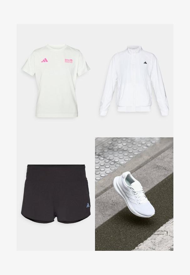 White athletic jacket with a stand-up collar, long sleeves, and a zip front. Features a black logo on the upper left side. Smooth texture.; White short-sleeve T-shirt with pink Adidas logo on left chest and BMW Berlin Marathon logo on right chest.; Black athletic shorts with a textured finish, featuring a wide waistband and an Adidas logo in light blue on the lower left side.; White athletic shoe featuring a mesh upper, lace-up design, and textured sole. Subtle branding and seamless construction details visible.
