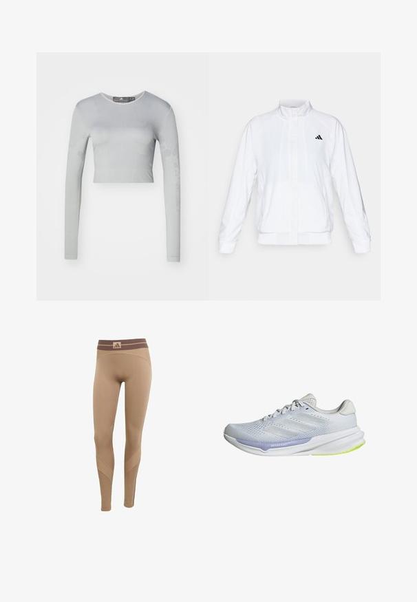 Witte sportieve jack met een opstaande kraag, lange mouwen en een rits aan de voorkant. Heeft een zwart logo op de bovenste linkerzijde. Glad textuur.; Lichtgrijze lange mouwen crop top van rekbaar materiaal, met textuurpatronen en een ronde halslijn met een gladde afwerking.; Beige leggings met een textured, donkerbruine tailleband, voorzien van gebogen naaddetails en een aansluitende pasvorm voor sportkleding.; Witte sportschoen met een ademende mesh bovenkant, een gemêleerd ontwerp en lavendelkleurige accenten. Heeft een gevoerde zool met groene details op de buitenzool.