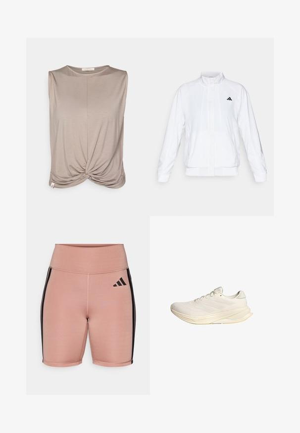 Fehér sportdzseki álló gallérral, hosszú ujjal és cipzáros elülső résszel. A bal felső oldalon fekete logó található. Simább textúrája van.; Yogasearcher TWISTED - Felső - cacao; Rózsaszín sportnadrág magas derékkal, rugalmas anyagból. Fekete oldalsávokkal és az Adidas logóval a bal oldalon.; Világos bézs sportcipő, hálós felsőrésszel, lapos fűzőkkel és párnázott talppal. A külső oldalon három csíkos mintázattal rendelkezik.