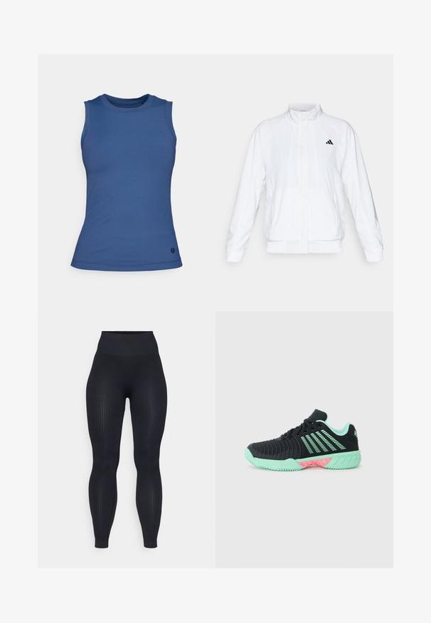 Biela športová bunda so stojatým golierom, dlhými rukávmi a zipsom vpredu. Obsahuje čierne logo na hornej ľavej strane. Hladká textúra.; Modrá bezrukávová blúzka s rebrovanou textúrou, priliehavým strihom a okrúhlym výstrihom. Obsahuje malé logo na leme.; Čierne rebrované legíny s vysokým pásom, vyrobené z elastického materiálu. Majú hladkú textúru s vertikálnymi vzormi po celom povrchu.; Čierna športová obuv s textúrovaným povrchom, mätovými akcentami a ružovými detailmi na podrážke. Obsahuje ľahkú konštrukciu a priedušný dizajn.